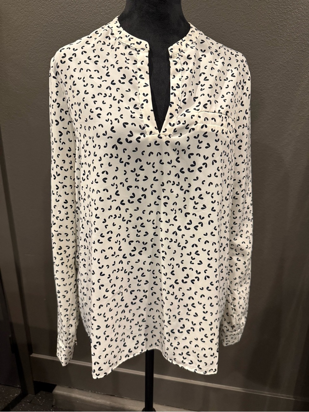 Lumiere White Long-Sleeve Split-Neck Blouse with Black Dot Print